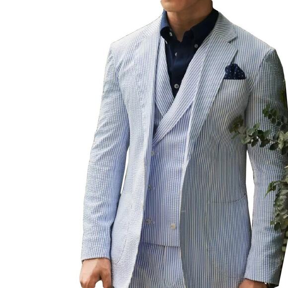 NWOT Pallini Italian Seersucker Suit Jacket & Vest 2-Piece Set 46L Blue striped - Picture 1 of 13